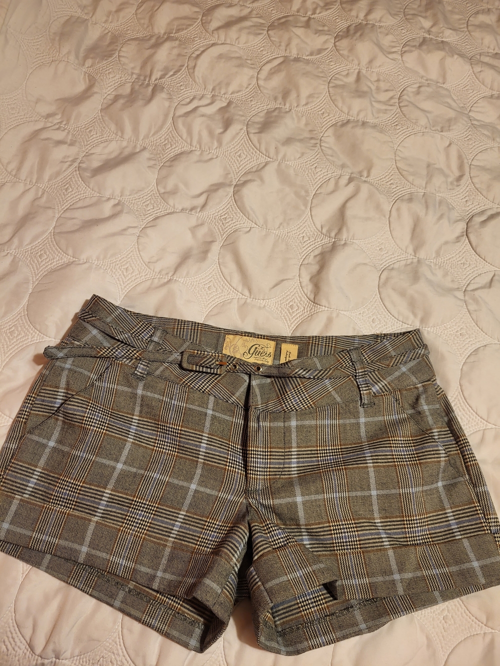 Guess Plaid Tailored Shorts in Brown and Gray